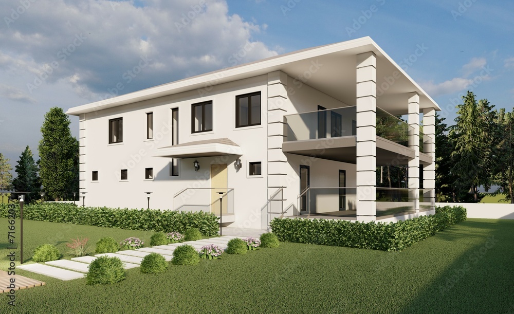 White walls villa with garden, garden furniture garage and big terrace. 3d renders. - obrazy, fototapety, plakaty 
