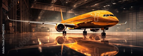 A massive aircraft housed in an aircraft maintenance hangar for inspection and repairs.