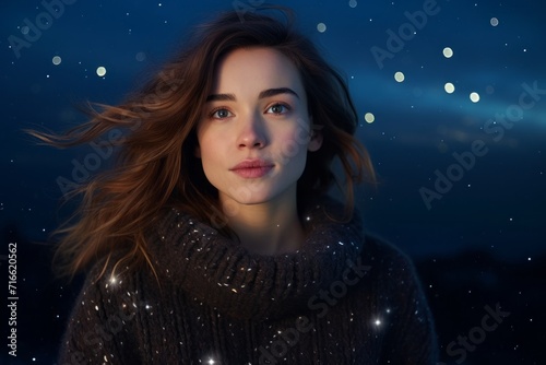Portrait of a jovial woman in her 30s dressed in a warm wool sweater against a sparkling night sky. AI Generation