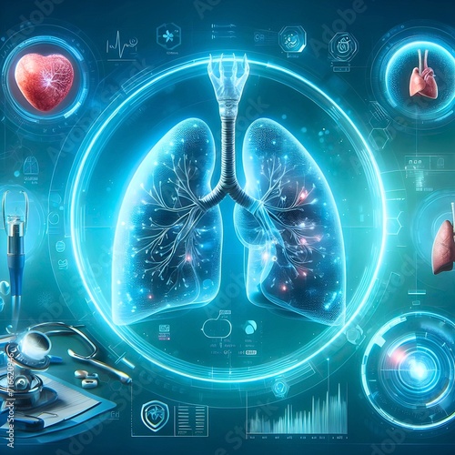 futuristic medical research or lungs health care with diagnosis and vitals biometrics for clinical hospital asthma and respiratory cancer and disease tests services as virtual screen with copy space  photo