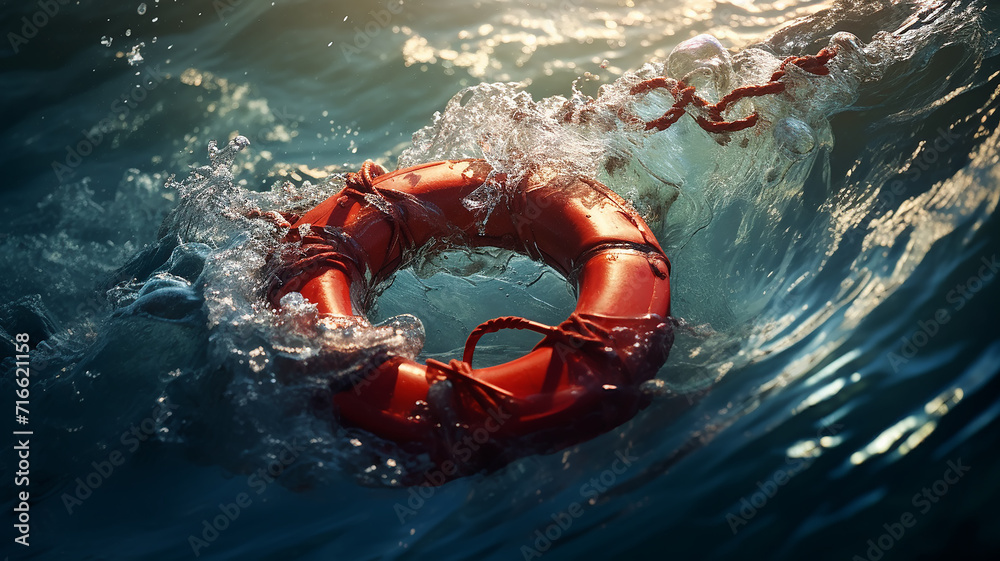 a lifebuoy floats on the surface of a stormy sea, the concept is the last hope for saving a life - obrazy, fototapety, plakaty 