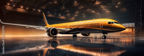 A massive aircraft housed in an aircraft maintenance hangar for inspection and repairs.