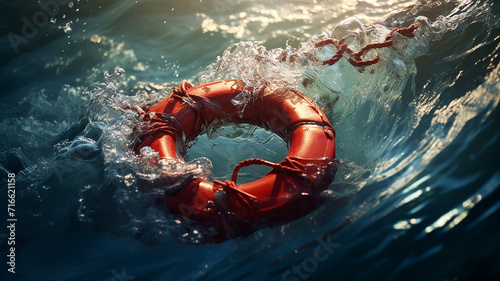 a lifebuoy floats on the surface of a stormy sea, the concept is the last hope for saving a life photo
