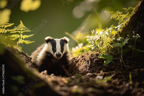 European badger emerging from burrow in forest habitat. Spring wildlife scene. Springtime nature beauty. Design for banner, poster, background with copy space