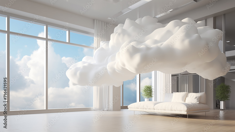 interior apartment in the clouds, light colors, large windows, panoramic view of the sky , heaven real estate - obrazy, fototapety, plakaty 