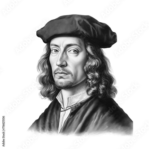 Black and white vintage engraving, close-up headshot portrait of Albrecht Dürer, the famous historical German old master painter and printmaker, white background, greyscale photo