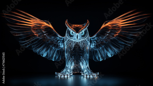 neon glowing generated owl on black background, predatory night bird logo, overlay layer © kichigin19
