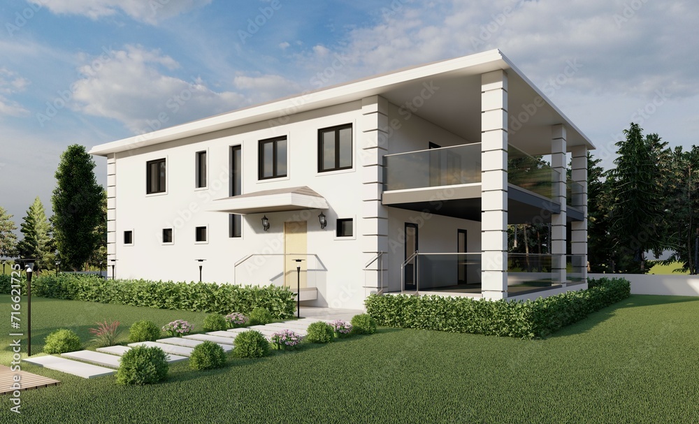 White walls villa with garden, garden furniture garage and big terrace. 3d renders. White walls villa with garden, garden furniture garage and big terrace. 3d renders.