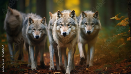 a pack of wolves in the autumn forest , frontal view of wildlife, predators hunting, fear of the attack of wild animals