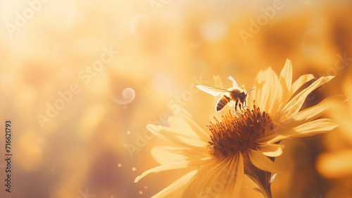 bees pollinate flowers in the morning fog of the last days of summer, landscape, silence and beauty of wildlife in early autumn photo