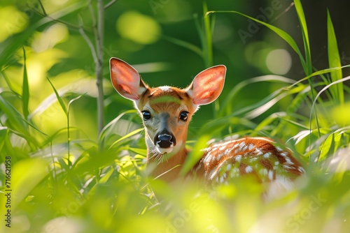 Cute fawn hiding in tall green grass. Spring wildlife scene. Springtime nature concept. Design for banner, poster, wallpaper © dreamdes