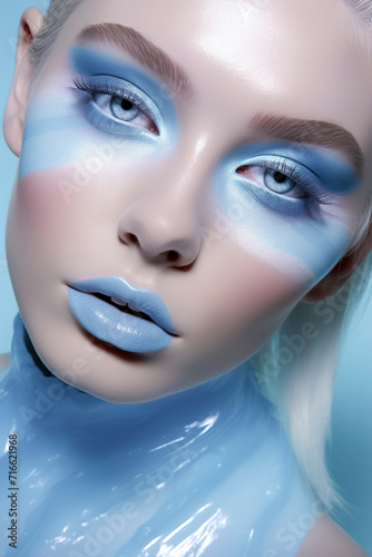 blonde woman with blue eyes with light blue makeup eyes lips, ai generative