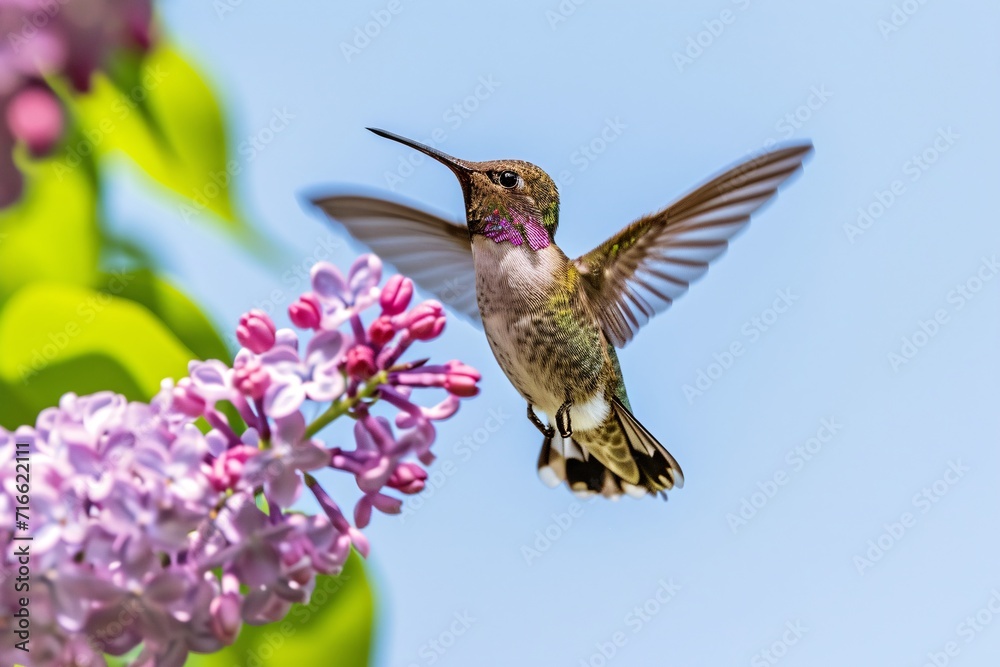 Fototapeta premium Hummingbird hovering near pink lilac blooms. Spring wildlife scene. Springtime nature concept. Design for banner, poster, wallpaper