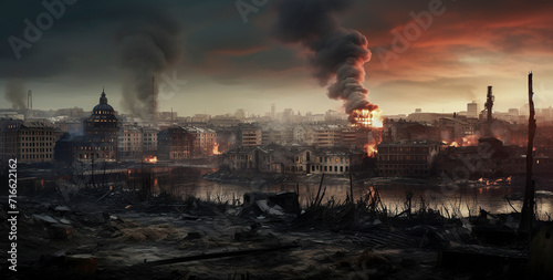 A devastated cityscape with buildings in ruins, fires burning, and dark smoke filling the ominous sky. ai generative
