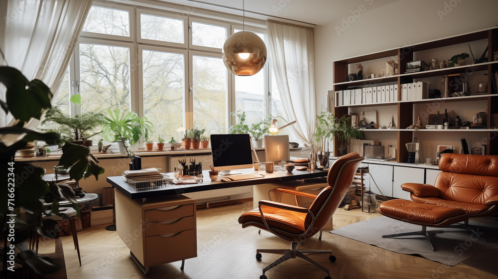 Background image of empty home office space in cozy apartment