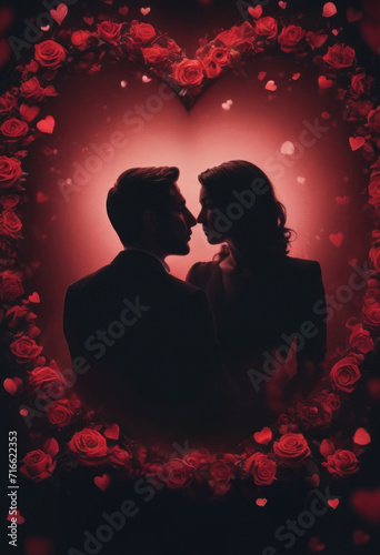 VALENTINE'S DAY background, couple in love, hearts and flower petals