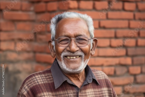 Portrait of a grinning indian man in his 70s wearing a comfy flannel shirt against a vintage brick wall. AI Generation