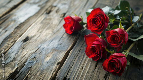 romantic red roses on wooden background, Valentine's Day Concept