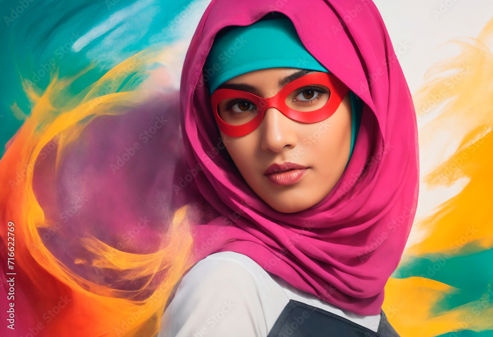 A beautiful Muslim woman superhero in a mask and a super hero costume A beautiful Muslim woman superhero in a mask and a super hero costume