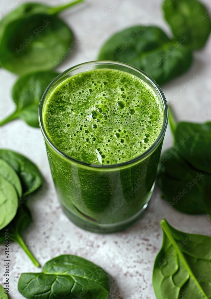 Fresh green smoothie next to raw spinach leaves on a white surface, concept of detox and clean eating Fresh green smoothie next to raw spinach leaves on a white surface, concept of detox and clean eating