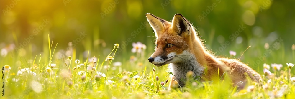 Obraz premium Red fox lying in a field of yellow flowers. Panoramic wildlife scene. Spring nature beauty. Design for banner, poster, header with copy space