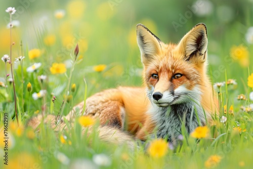 Red fox lying in a field of yellow flowers. Springtime beauty. Spring nature and wildlife concept. Design for banner, poster, wallpaper