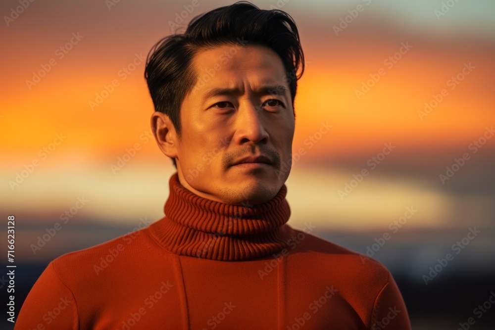 Portrait of a content asian man in his 40s wearing a classic turtleneck sweater against a vibrant sunset horizon. AI Generation Portrait of a content asian man in his 40s wearing a classic turtleneck sweater against a vibrant sunset horizon. AI Generation