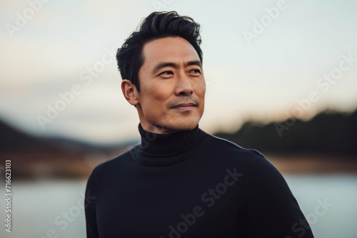 Portrait of a content asian man in his 40s wearing a classic turtleneck sweater against a vibrant sunset horizon. AI Generation