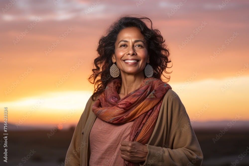 Portrait of a happy indian woman in her 50s wearing a cozy sweater against a vibrant sunset horizon. AI Generation Portrait of a happy indian woman in her 50s wearing a cozy sweater against a vibrant sunset horizon. AI Generation