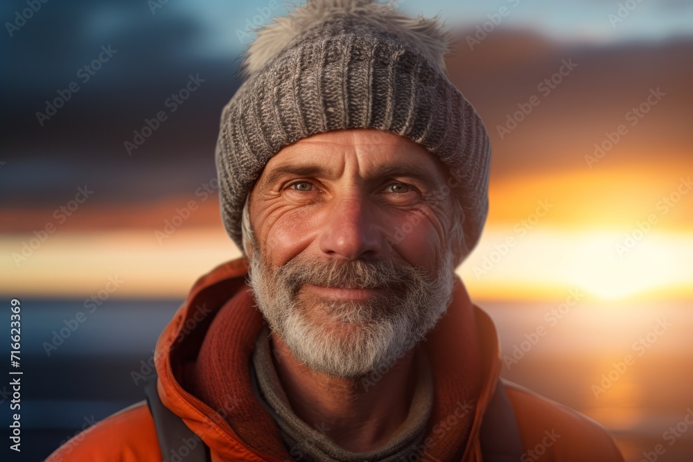 Portrait of a joyful man in his 50s donning a warm wool beanie against a vibrant sunset horizon. AI Generation Portrait of a joyful man in his 50s donning a warm wool beanie against a vibrant sunset horizon. AI Generation