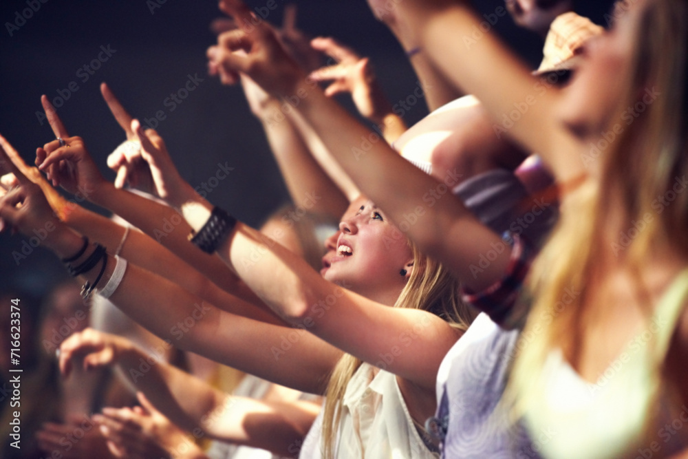 © Jeff Bergen/peopleimages.com - Night, concert and fans dance to music, performance and audience with energy at festival. Crowd, support and people stretching hands in celebration or praise of rock, culture or excited at event