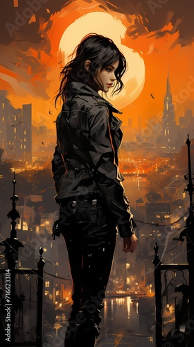 A fashionable Japanese girl in a black leather jacket  skinny jeans  and ankle boots leans against a solid gray background with cityscape silhouettes
