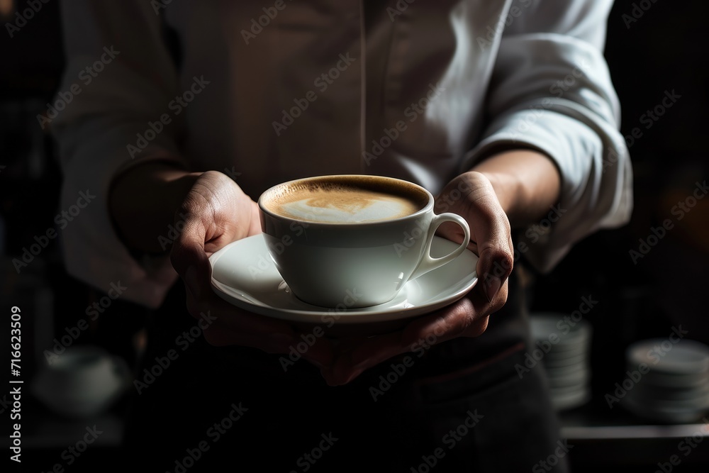 A barista in a green apron presents a freshly brewed cup of cappuccino with skillfully poured latte art on top, signifying a welcoming gesture of hospitality and expertise in coffee crafting. AI A barista in a green apron presents a freshly brewed cup of cappuccino with skillfully poured latte art on top, signifying a welcoming gesture of hospitality and expertise in coffee crafting. AI