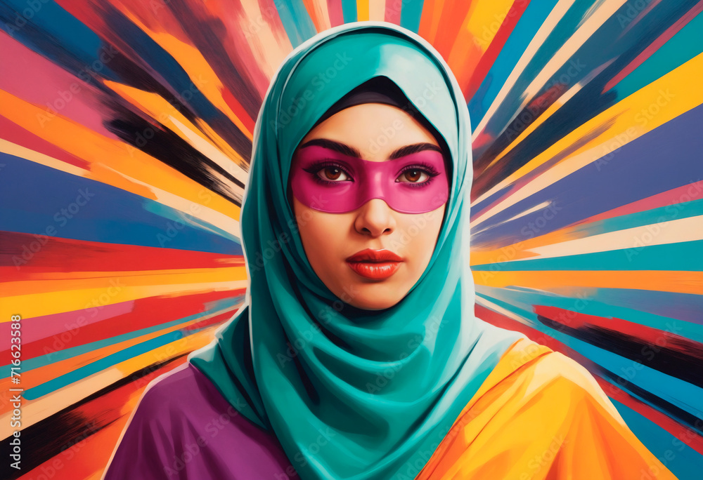 A beautiful Muslim woman superhero in a mask and a super hero costume A beautiful Muslim woman superhero in a mask and a super hero costume