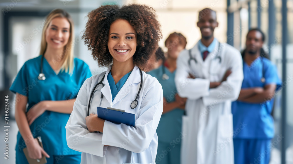 diverse group of smiling healthcare professionals, including doctors and nurses