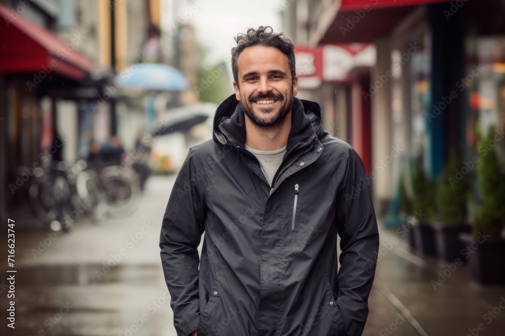 Portrait of a cheerful man in his 30s wearing a functional windbreaker against a busy urban street. AI Generation Portrait of a cheerful man in his 30s wearing a functional windbreaker against a busy urban street. AI Generation