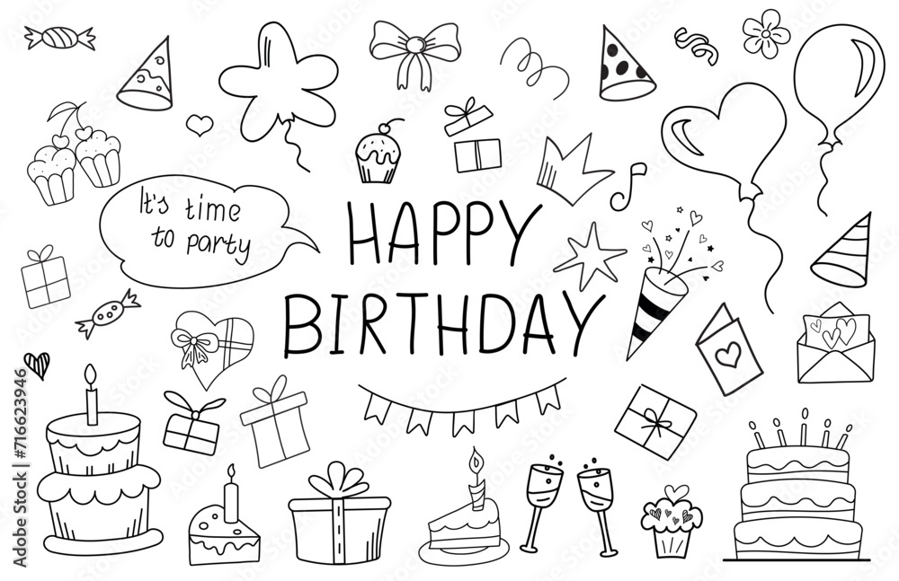 Naklejka premium Cartoon birthday doodle elements set. Hand drawn party and birthday decoration. Line art. Handwritten lettering. Flag garland, birthday cake, party harts and hand drawn lettering happy birthday.