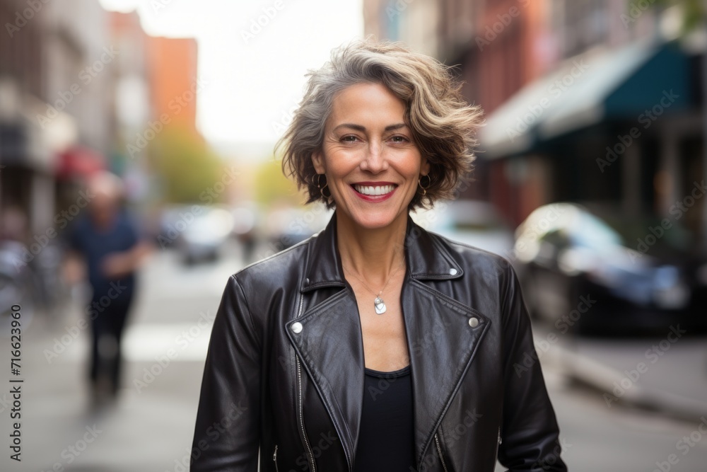 Portrait of a grinning woman in her 50s sporting a stylish leather blazer against a busy urban street. AI Generation Portrait of a grinning woman in her 50s sporting a stylish leather blazer against a busy urban street. AI Generation