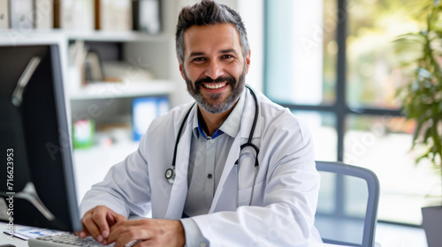 smiling, middle-aged male doctor working on a computer photo