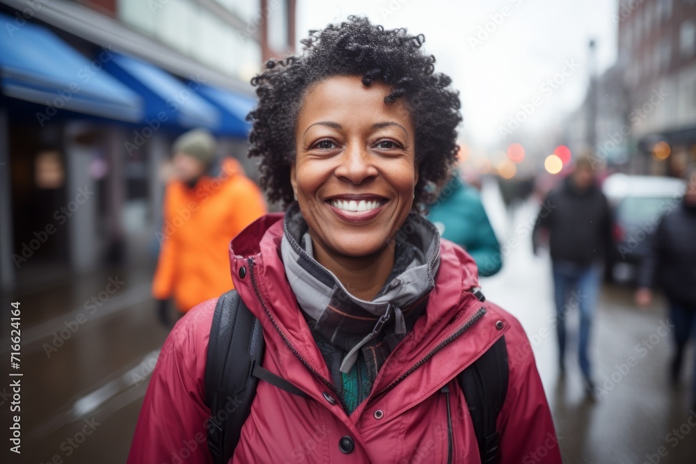 Portrait of a smiling afro-american woman in her 50s dressed in a water-resistant gilet against a busy urban street. AI Generation Portrait of a smiling afro-american woman in her 50s dressed in a water-resistant gilet against a busy urban street. AI Generation