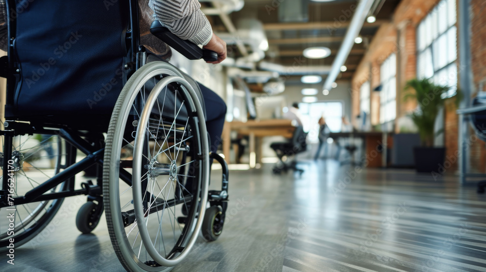 close-up of a person in a wheelchair in an office environment close-up of a person in a wheelchair in an office environment