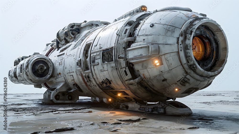 Aliens' UFO spaceship, spacecraft in flight, set against a white background