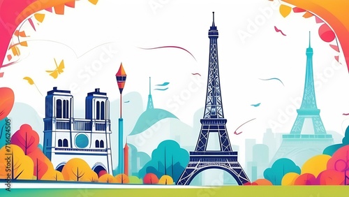 a French street with houses and a TV tower against the background of trees before the Olympic Games, a concept of a tourist poster in watercolor style