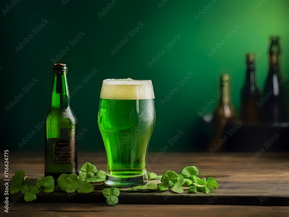 Green beer for St. Patrick's Day on a dark wood, in the background various dark bottles on a green background