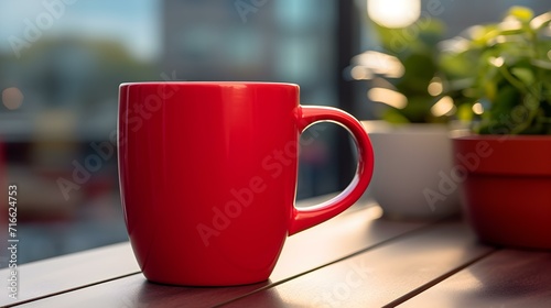 Balcony View of a ruby Mug on a wooden Table. Close up with a blurred Background