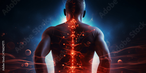 Human body back pain Augmented reality discomfort of spine trauma  glowing energy particles on dark background   photo