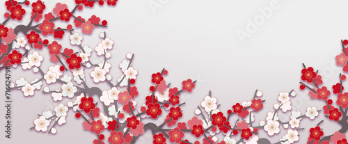和風な紅白の梅の花の背景、背景白 photo