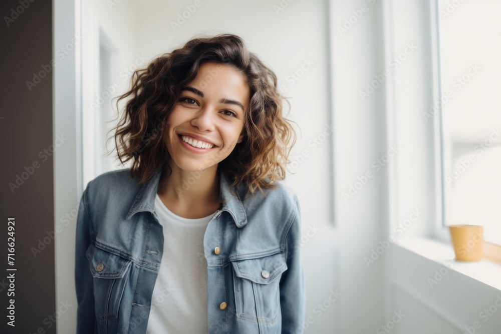 Portrait of a cheerful woman in her 30s sporting a rugged denim jacket against a modern minimalist interior. AI Generation Portrait of a cheerful woman in her 30s sporting a rugged denim jacket against a modern minimalist interior. AI Generation