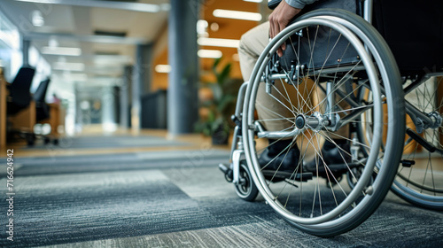 close-up of a person in a wheelchair in an office environment