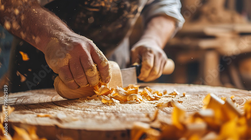 Woodworker Carving a Wooden Bowl with Chisel and Wood Shavings photo